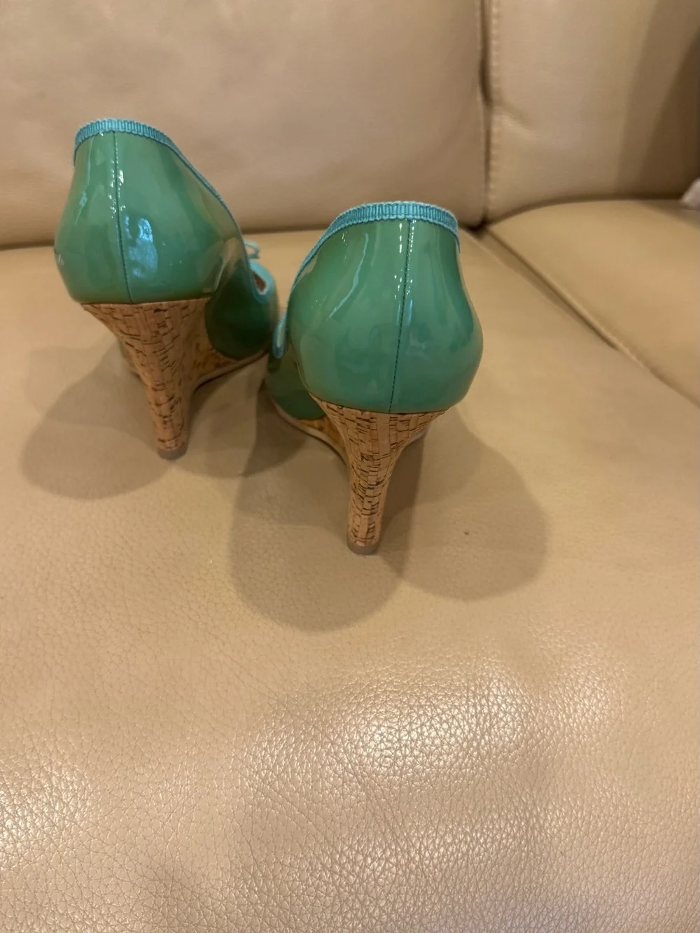 Salvatore Ferragamo Mint Green Patent Peep-Toe Pumps with Bow Accent